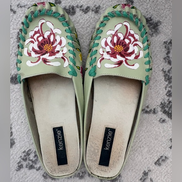 kenzie Shoes - Kenzie Denso women's leather floral comfort slip-on mules in mint green